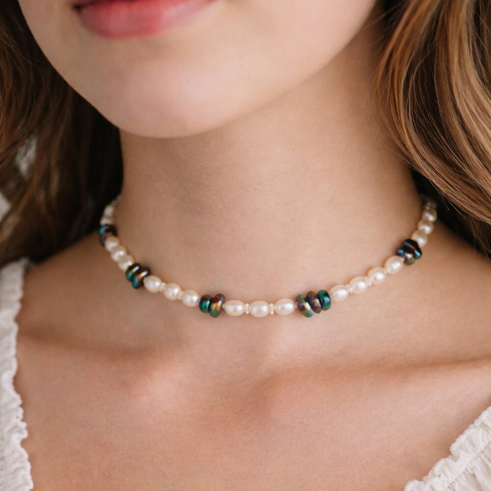 Patch & Roam Faux Seed Pearl Choker – Rainbow Hematite Boho Witchy Y2K Festival